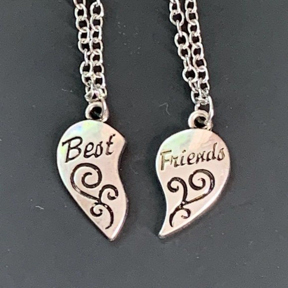 Best Friends Split Heart Necklaces NEW Silver with Black Enamel SET of 2 BFF